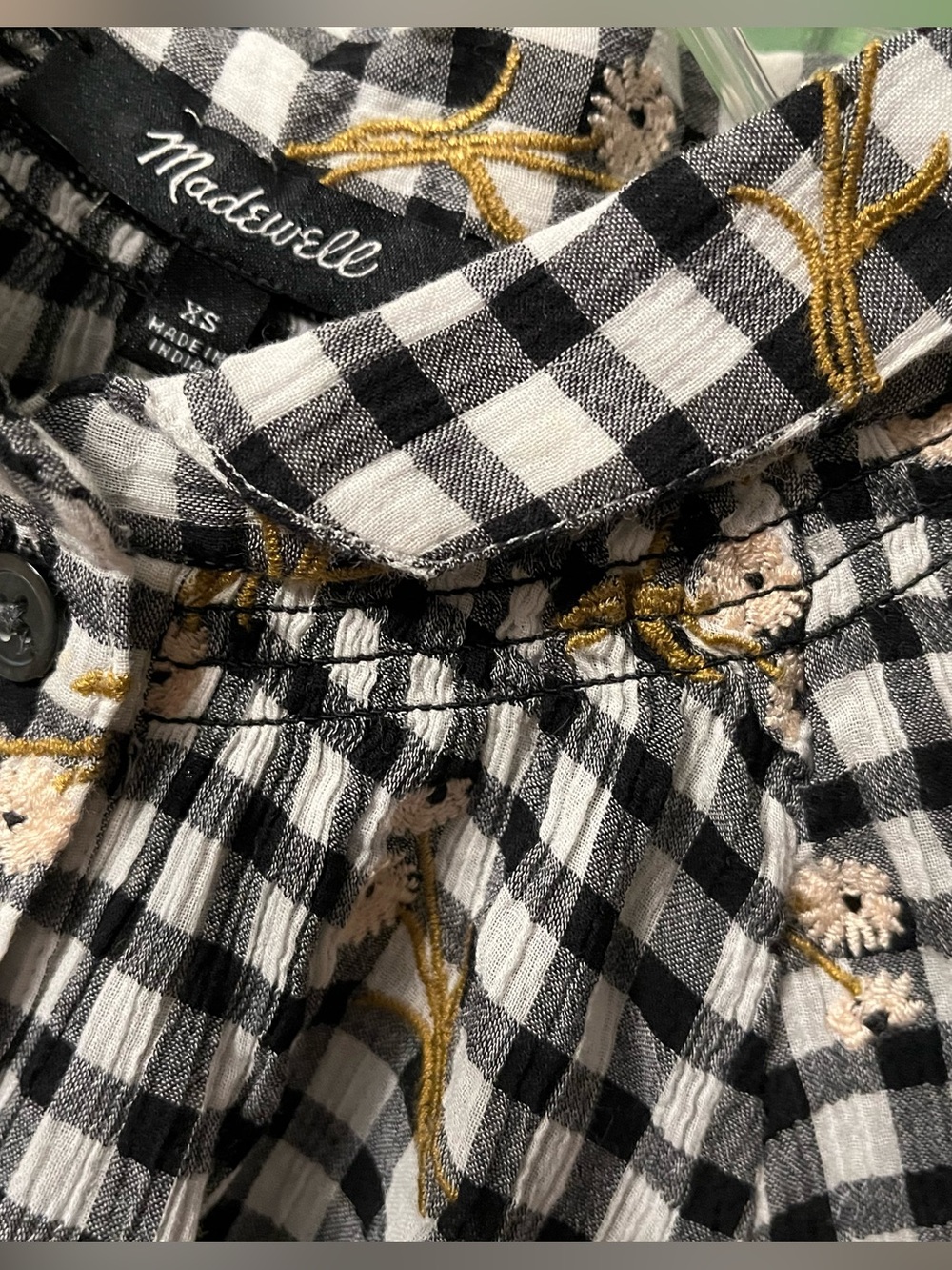 Madewell Gingham Button-Front Top Floral Embroidery Size XS